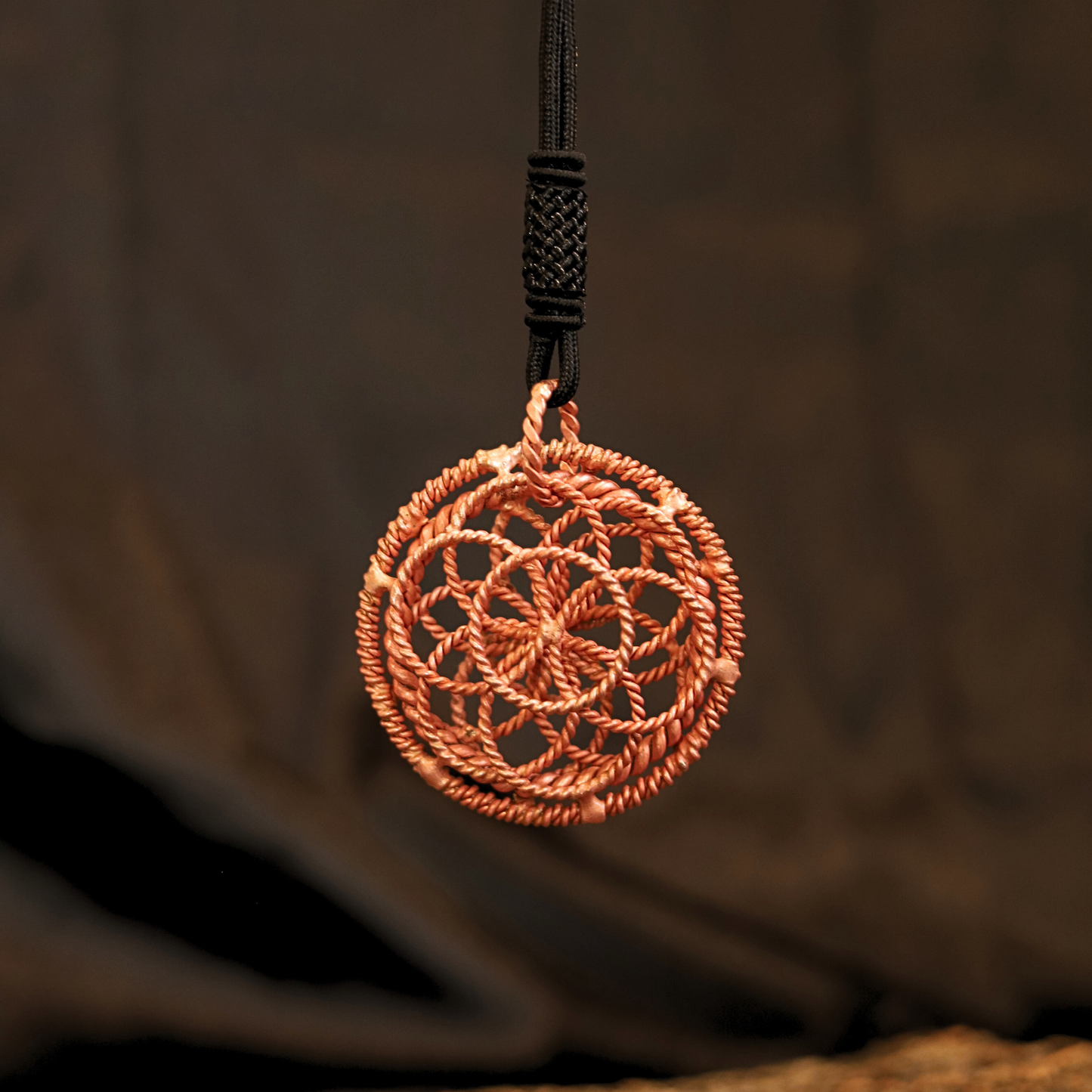144 MHz Tensor Pendant – Pure Copper Sacred Geometry Necklace (5 cm)
