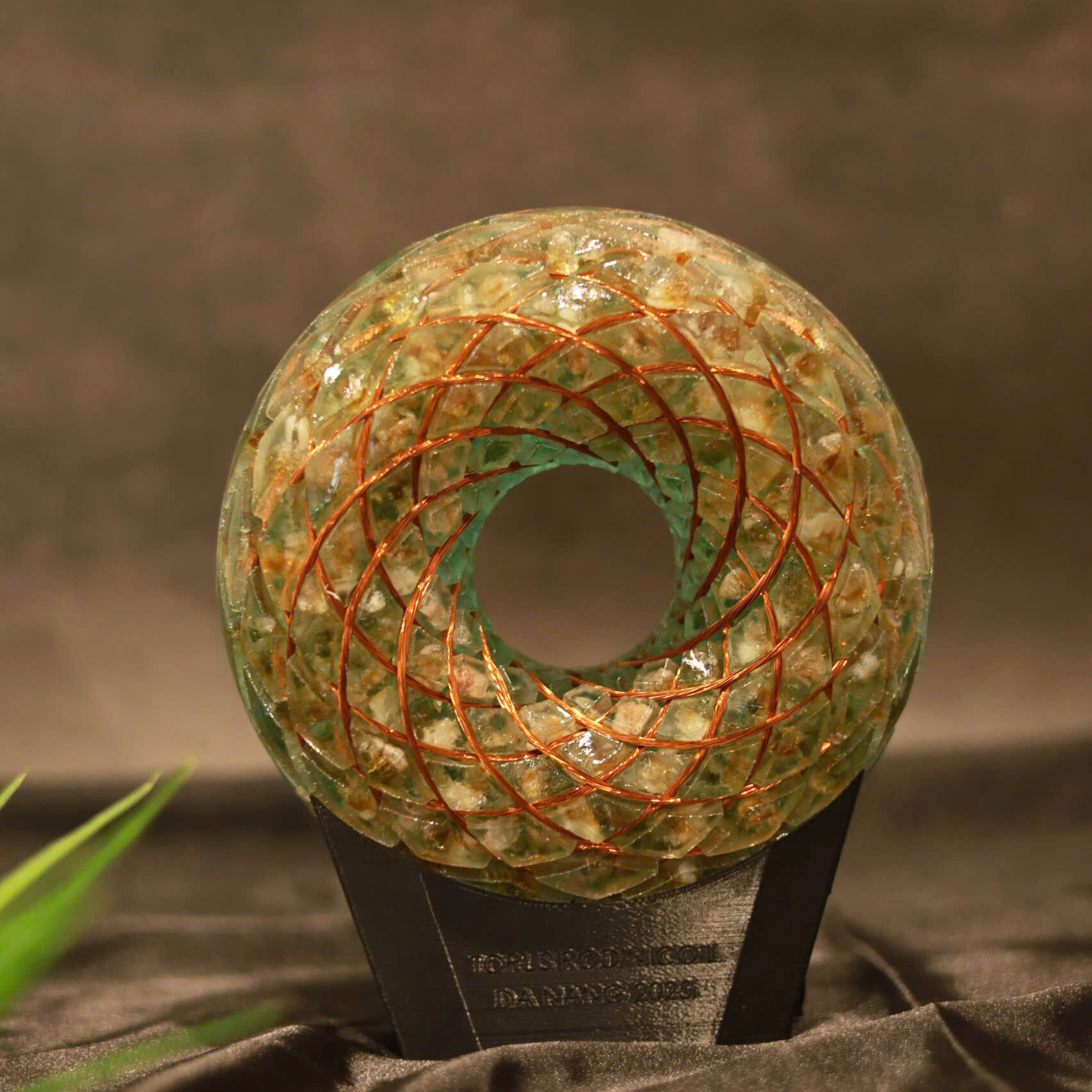 Torus Rodin Coil with 432 MHz Frequency - Green Copper Wire, White Quartz, Yellow Quartz, Resin Orgone Donut