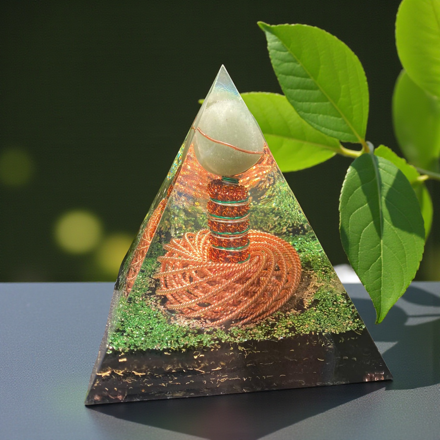 Viking Resonance Tensor Pyramid | 443 MHz & 177 MHz | Green Quartz Orgonite Energy Harmonizer