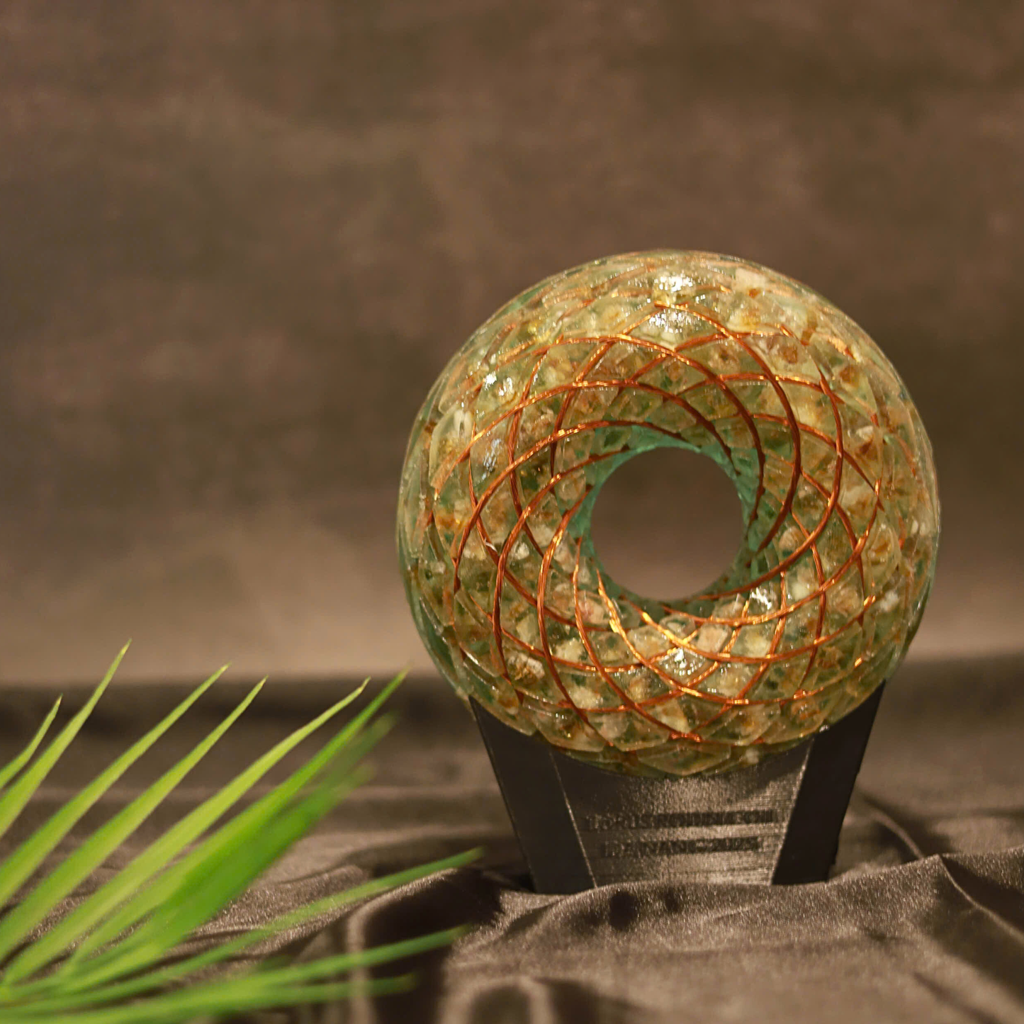 Torus Rodin Coil with 432 MHz Frequency - Green Copper Wire, White Quartz, Yellow Quartz, Resin Orgone Donut