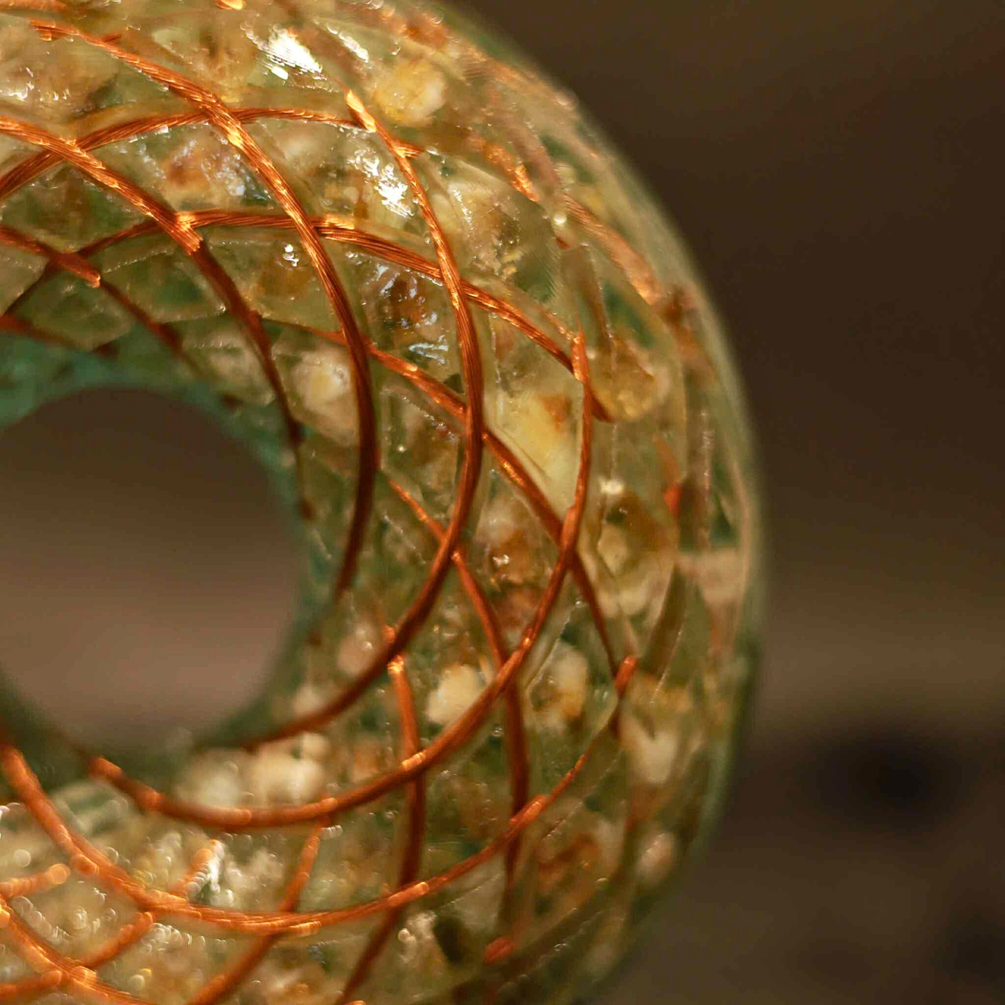 Torus Rodin Coil with 432 MHz Frequency - Green Copper Wire, White Quartz, Yellow Quartz, Resin Orgone Donut