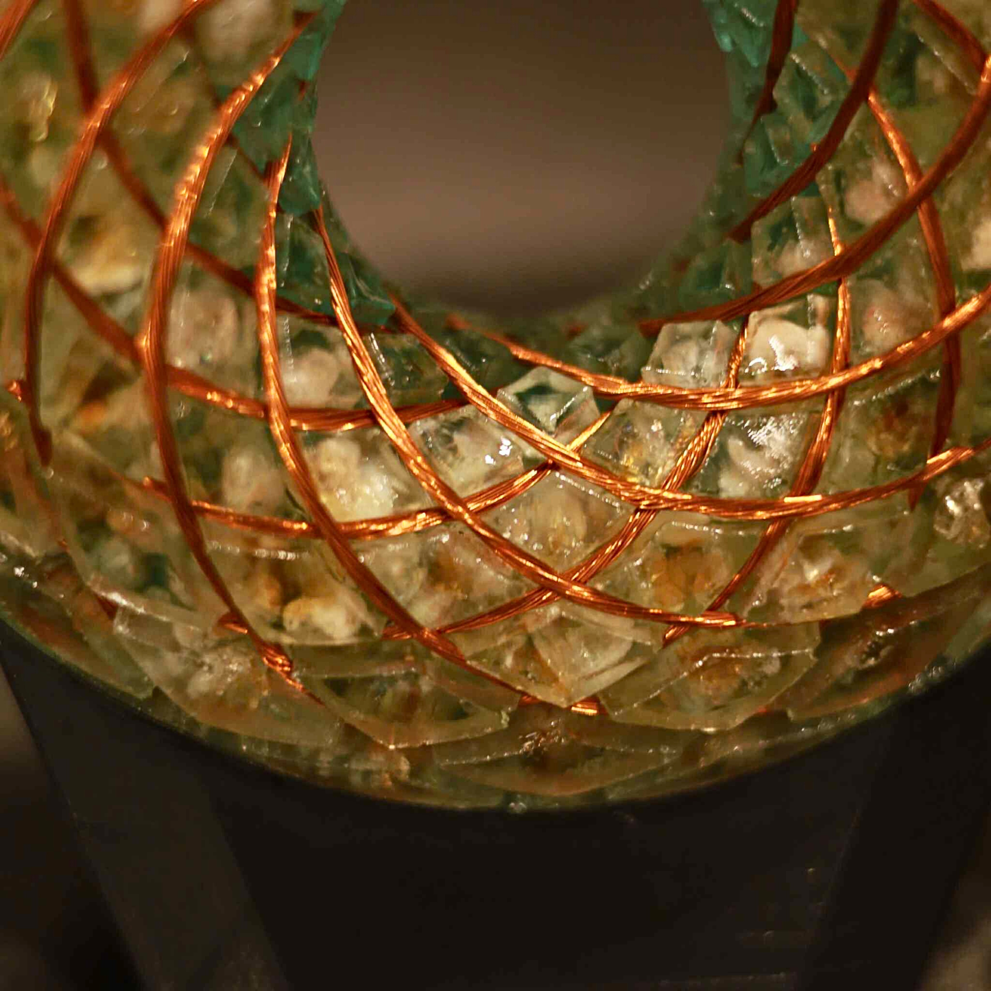 Torus Rodin Coil with 432 MHz Frequency - Green Copper Wire, White Quartz, Yellow Quartz, Resin Orgone Donut