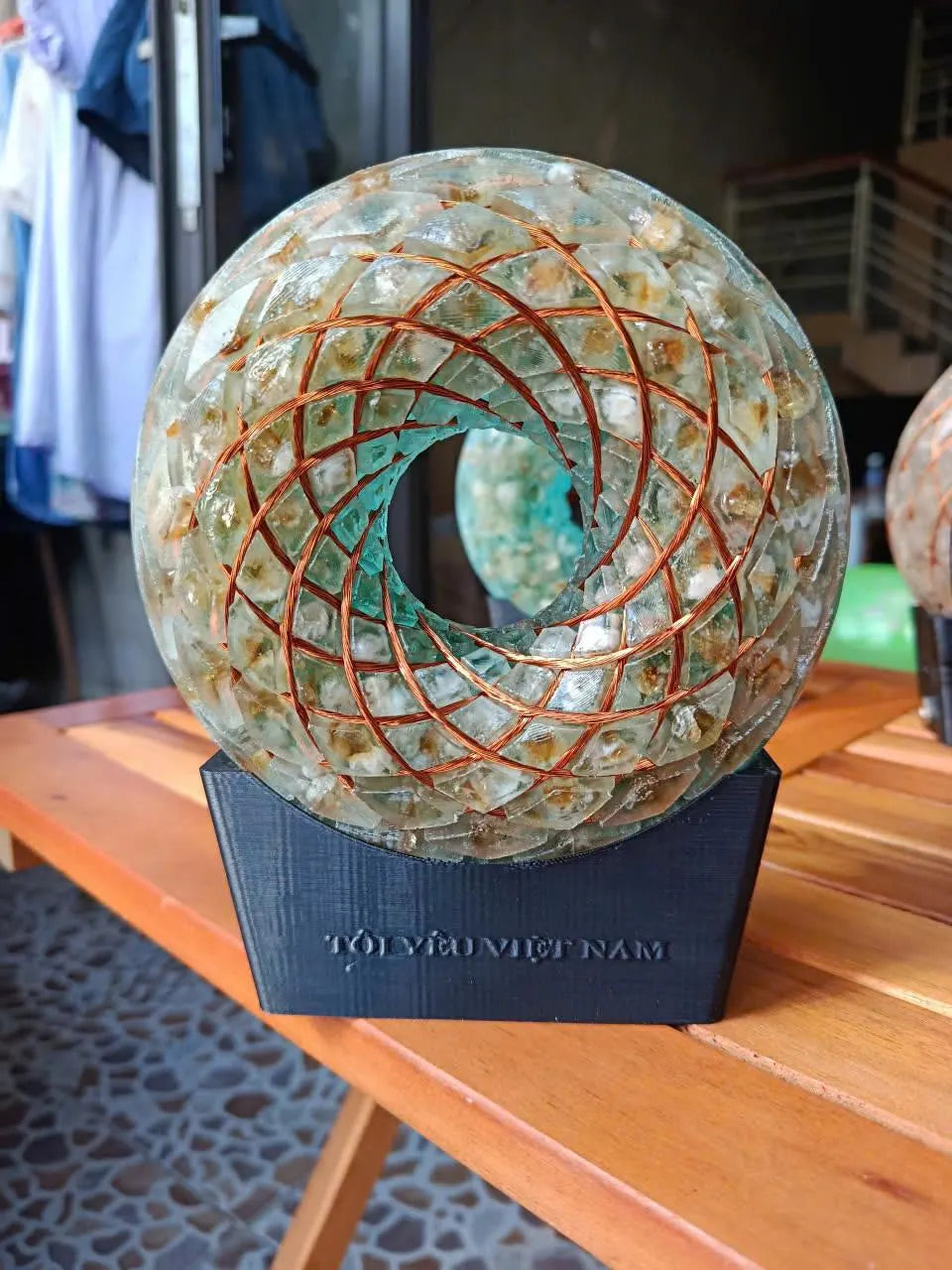 Torus Rodin Coil, Yellow Quartz Energy Device, Copper Coil EMF Tool, Orgone Decor, Resin Donut Sculpture, iTorus Inspired Art