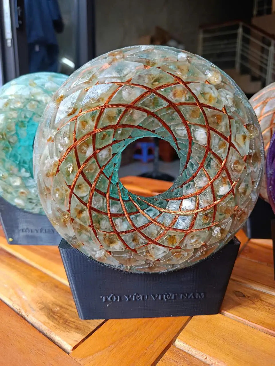 Torus Rodin Coil, Yellow Quartz Energy Device, Copper Coil EMF Tool, Orgone Decor, Resin Donut Sculpture, iTorus Inspired Art